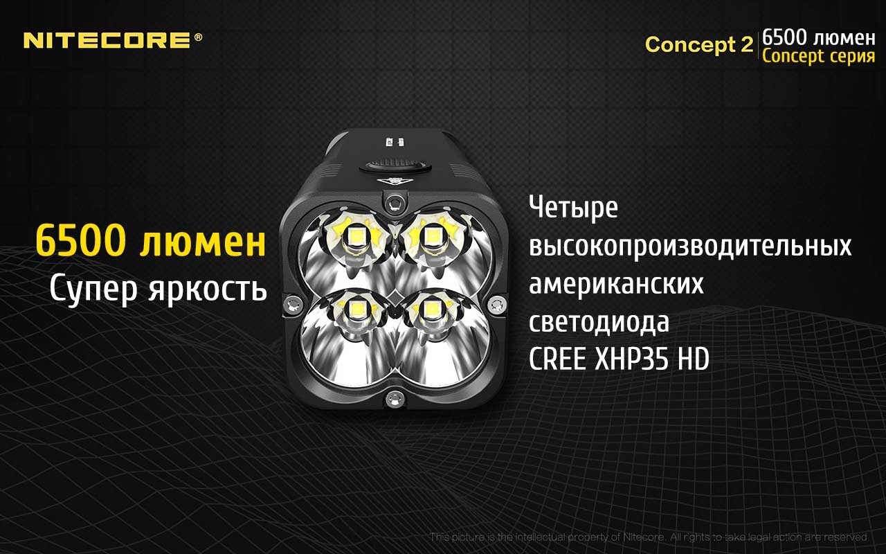 Concept2 CREE XHP35 HD E2, 6500люмен 398м 2000ч 4*18650 12400mAh